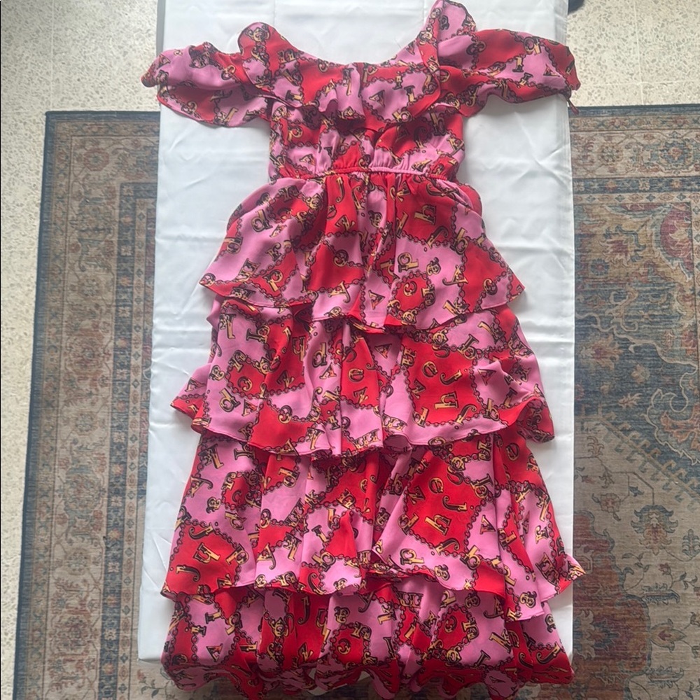 Chains Ruffle Dress in Pink and Red